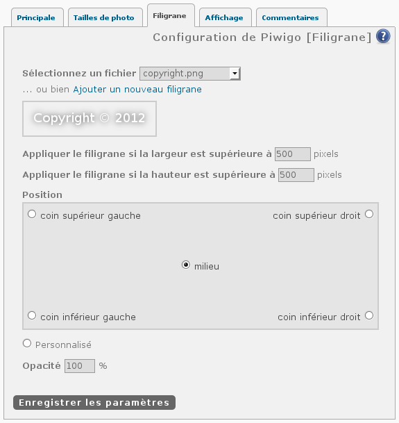 Depuis la version 2.4, Piwigo permet d'insérer automatiquement un filigrane sur toutes vos photos.